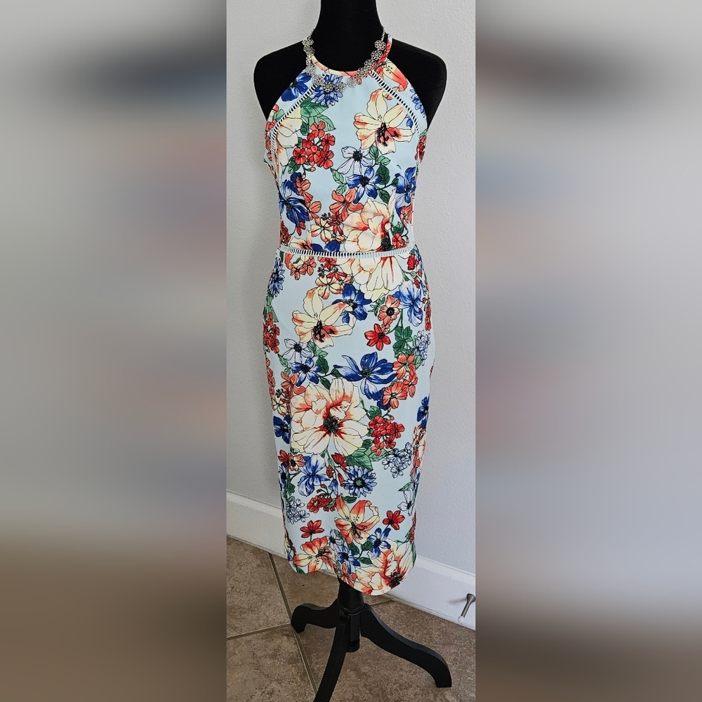 Premier Amour Floral Halter Midi Dress Size 4 Lace Trim Bodycon - Picture 2 of 8
